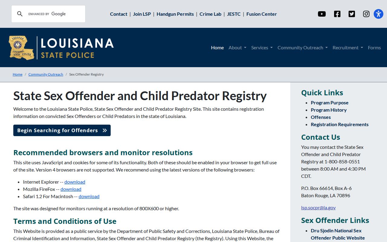 Bossier City resident lookup on the Louisiana State Police registry