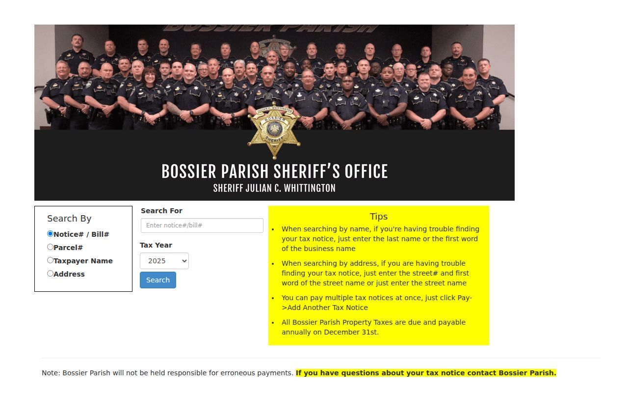 Bossier Parish Sheriff property tax address search for Bossier City streets